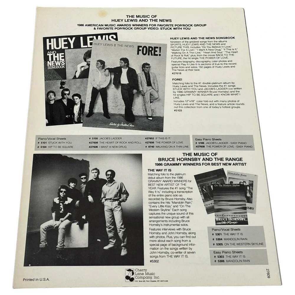 Huey Lewis and the News The Heart of Rock & Roll Vintage Sheet Music 1984